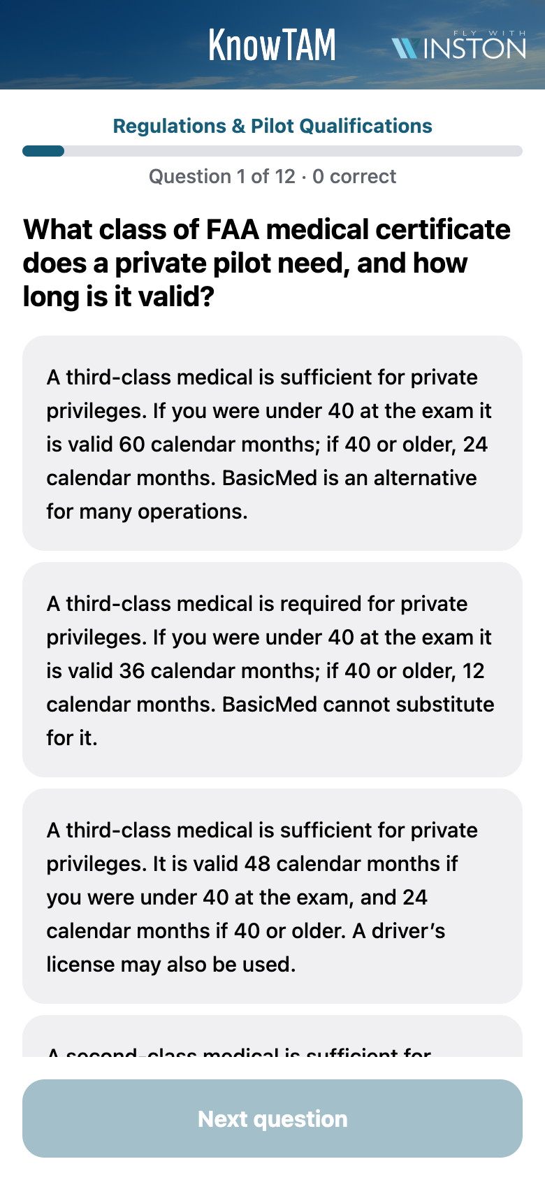 KnowTAM quiz screen